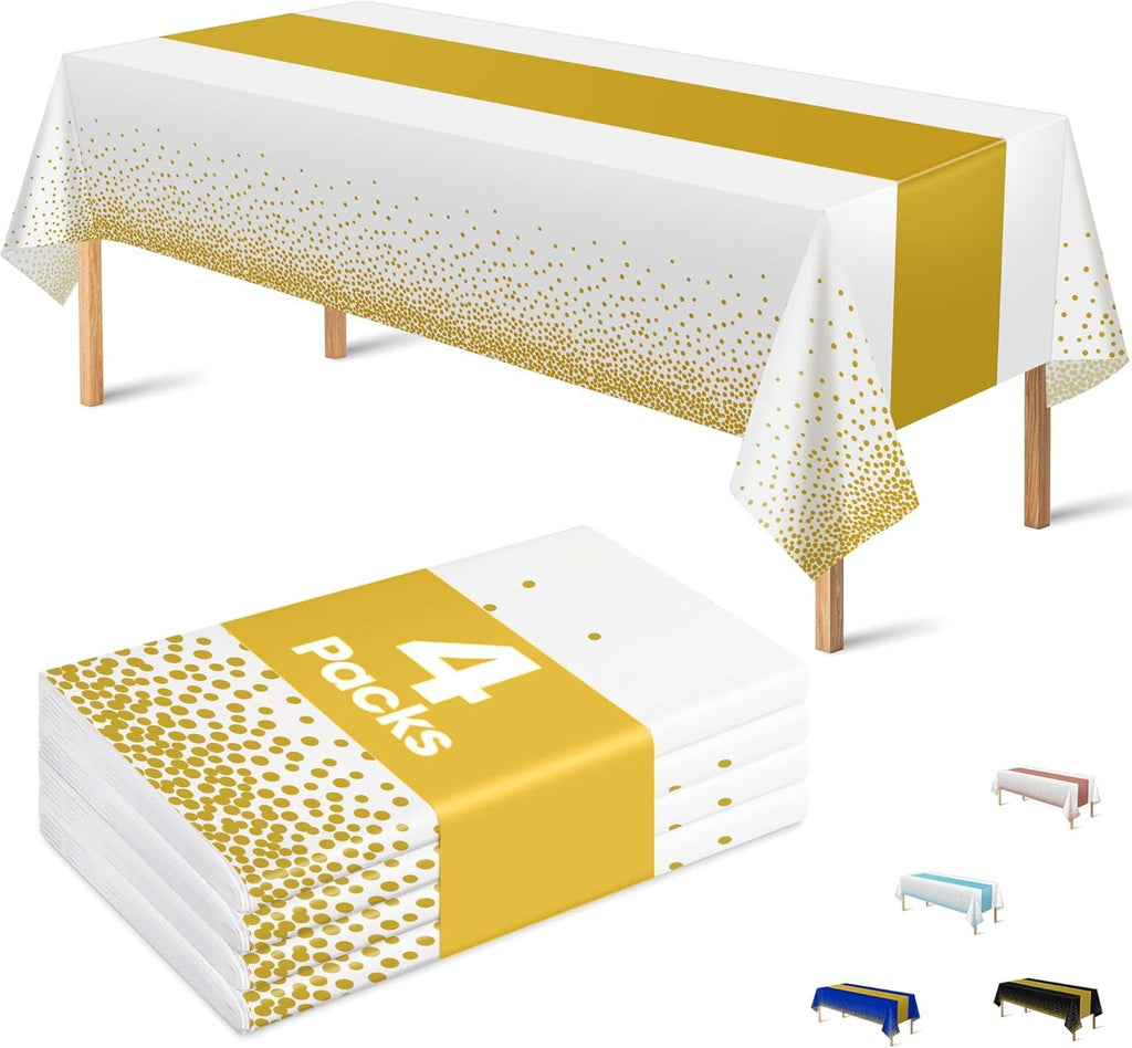 4 Pack Disposable Plastic Table Cloths for Parties,White and Gold Rectangle Table Covers for Fall Decor Wedding Bridal Shower Birthday | Baptism Friendsgiving Thanksgiving Decorations 54" x 108"
