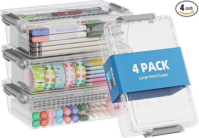 4 Pack Extra Large Pencil Box, Plastic Pencil Case Organizer, Clear Crayon Box Marker Organizer, Stackable Craft Organizers and Storage for Pen, Craft, Art Supply(Grey)