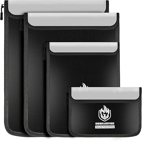 4 Pack Fireproof Document Bags, Waterproof Document Pouch Holder with Zipper, Fire Proof Money Bag for Cash, Fireproof Envelope Fire Safe Bag, Fire Resistant Storage for Legal/A4 Size (Black)