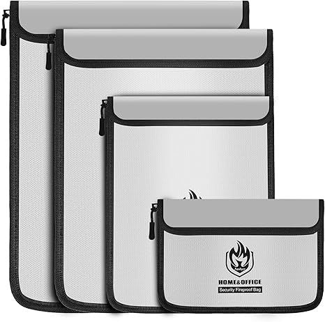 4 Pack Fireproof Document Bags, Waterproof Document Pouch Holder with Zipper, Fire Proof Money Bag for Cash, Fireproof Envelope Fire Safe Bag, Fire Resistant Storage for Legal/A4 Size (Gray)