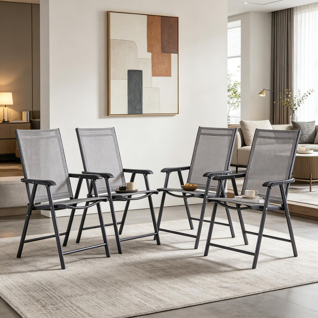 4-Pack Gray Outdoor Folding Chairs with Armrests Stackable Patio Dining Chairs Metal Frame