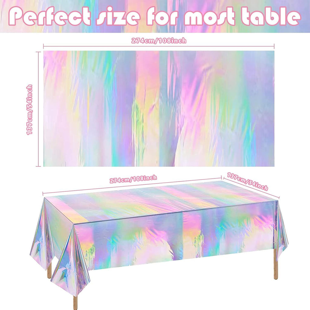 4 Pack Iridescence Plastic Tablecloths Disposable Galentines Day Decorations Rectangle Table Covers Birthday Disco Bachelorette Bridal Wedding Rainbow Iridescent Party Decorations 54" x 108"