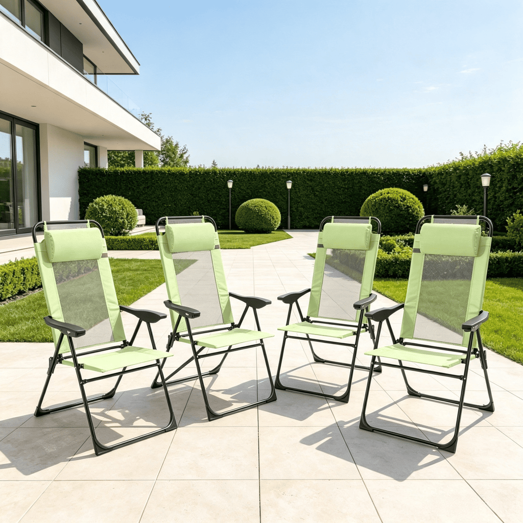 4-Pack Light Green Folding Patio Chairs with Adjustable Back Removable Headrest And Armrest for Camping Garden Backyard Lawn