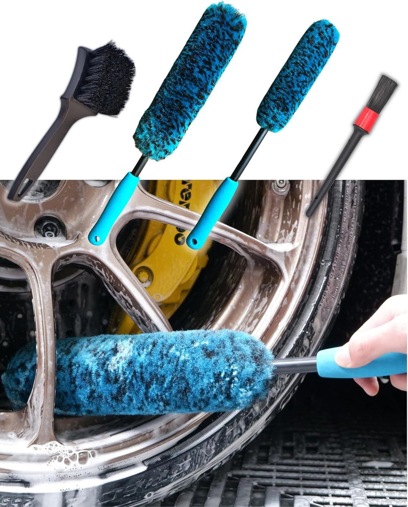 4 Pack Long Handle Wheel Brush Kit for Cleaning Wheel and Tire- 2X Soft Wheel Cleaning Brush, Detailing Brush and Stiff Tire Brush
