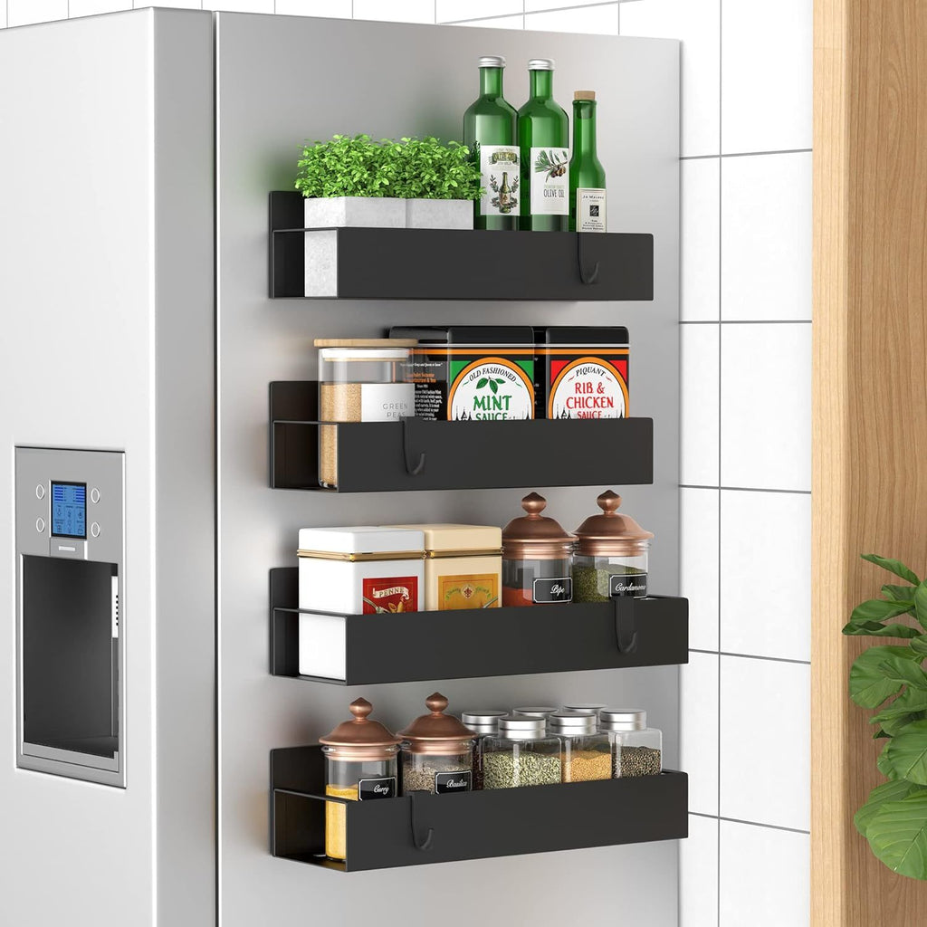 4 Pack Magnetic Spice Storage Rack Organizer for Refrigerator and Oven, Matt Black Fridge Organizers and Storage