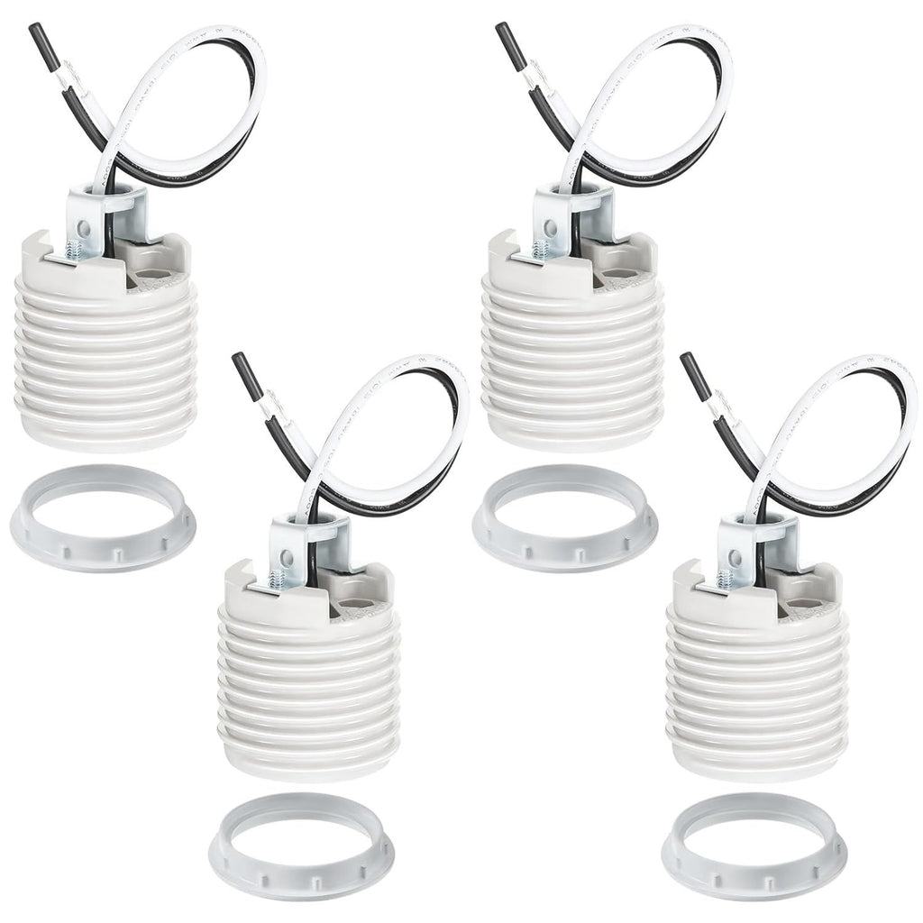 4 Pack Medium Base E26 Ceramic Light Threaded Socket with White Shade Ring