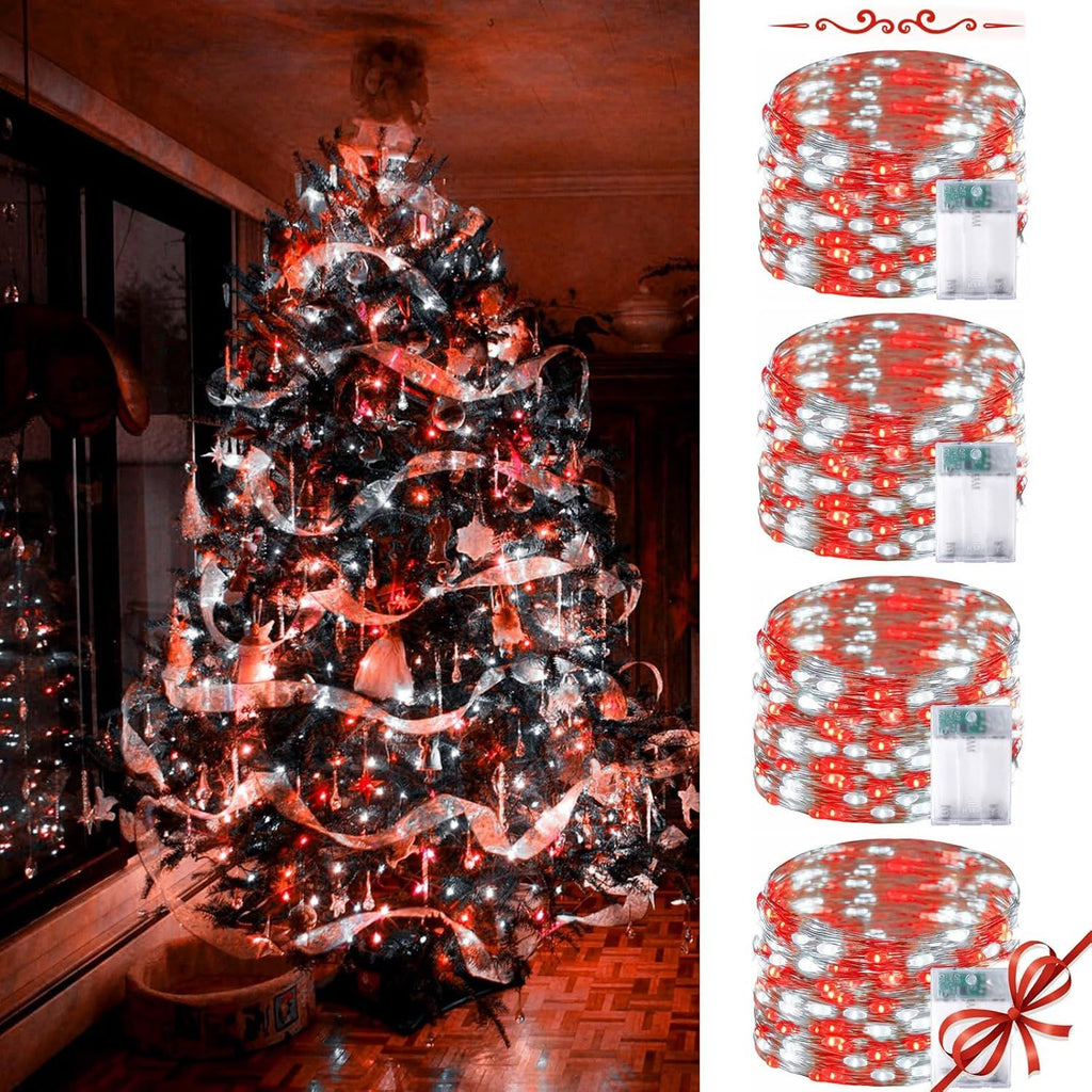 4 Pack Red and White Christmas String Lights, Each 20FT 60 LED Fairy Lights Battery Operated with Timer, Waterproof Twinkle Lights for Outdoor and Indoor Bedroom Home Yard Patio Christmas Decorations