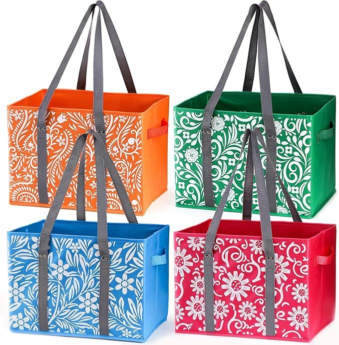 4 Pack Reusable Grocery Bags, Collapsible Large Storage Box Bag with Reinforced Bottom and Handle