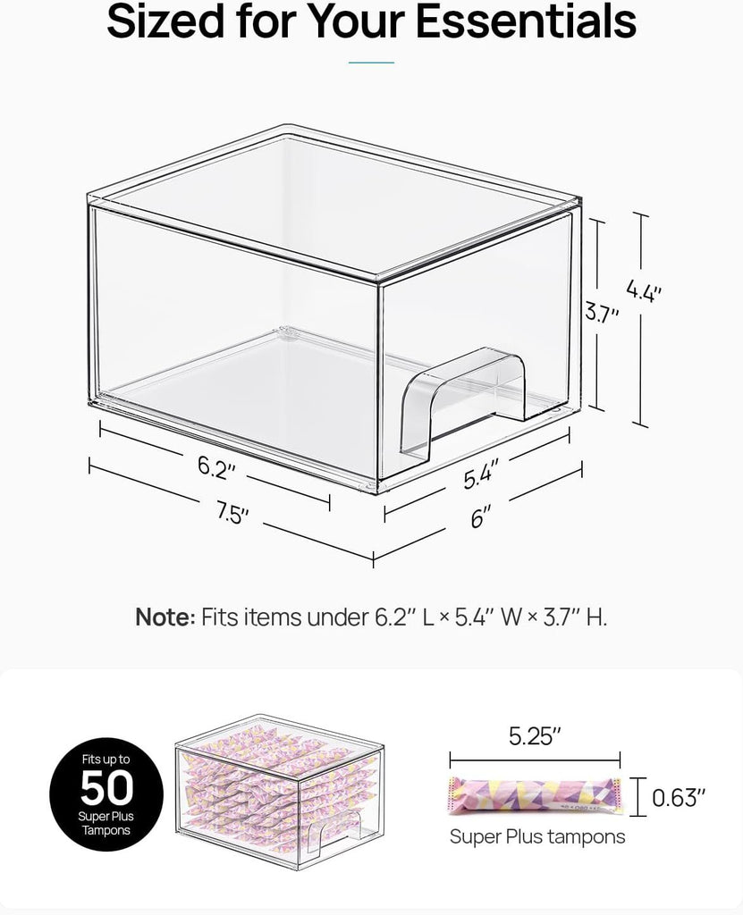 4 Pack Small Clear Stackable Storage Drawers,Acrylic Bathroom Makeup Organizer,Plastic Storage Bins For Vanity, Undersink, Kitchen Cabinets, Pantry, Home Organization