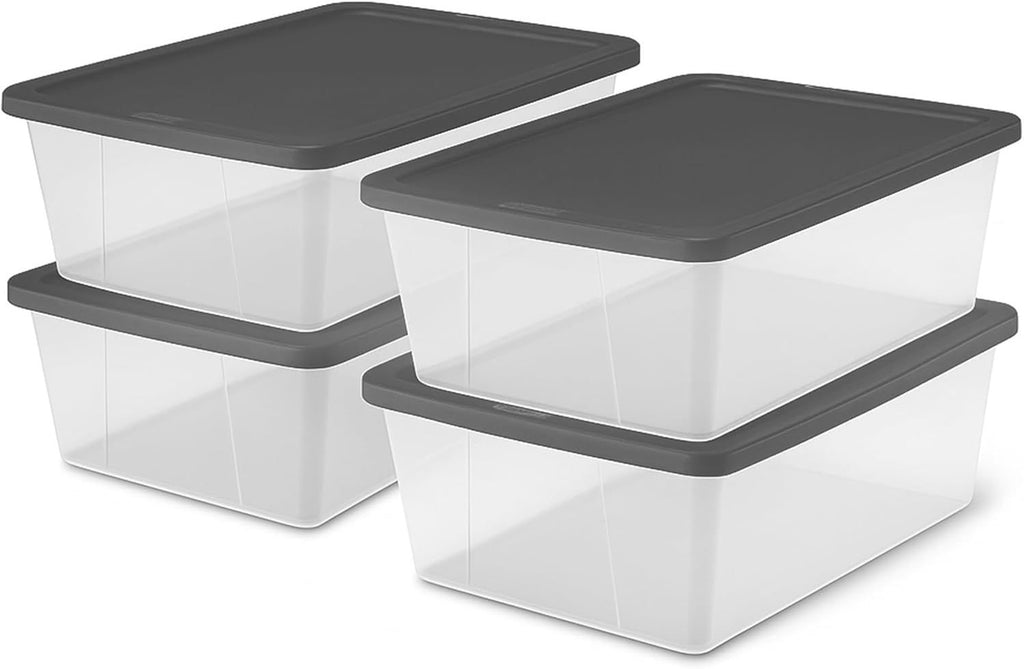 4-Pack Snaplock, Small Clear Plastic Storage Organizer Bins w/Lids, 12 Quart, Gray - Stackable Container Boxes for Bedroom, Bathroom, Garage, and Office Organization