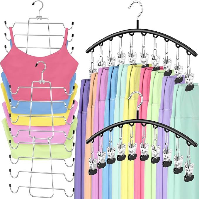 4 Pack Space Saving Hangers 2Pack Tank Top Hanger and 2Pack Leggings Organizers for Closet Pants Hangers with 20 Clips Bra Organizers with 16 Hooks Stainless Steel Hanging Closet Organizer