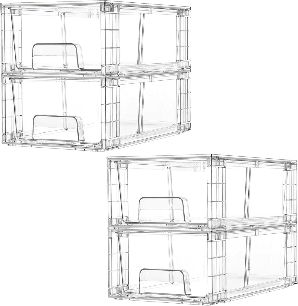 4 Pack Stackable Storage Drawers,Clear Acrylic Drawer Organizers with Handles, Easily Assemble for Fridge, Bathroom,Kitchen Undersink,Cabinet,Pantry Organization and Storage