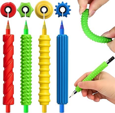 4 Pack Textured Silicone Pencil Grips - Sensory Fidget for Classroom Textured Squishy Pencil Grips for Kids Handwriting ADHD Tools for Anxiety Relief Items Stocking Stuffers Gift