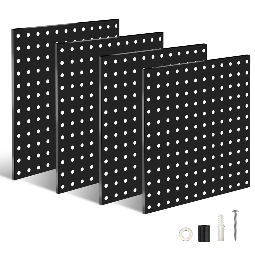4 Packs Metal Pegboards Black Peg Boards Wall Organizer Panel Board Storage Hanger Tool with 1' Spacing 1/4' Hole for Office Garage Basement Craft Room Home