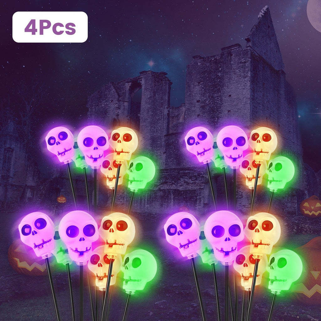 4 Packs Solar Skull Lights Outdoor Halloween Decorations Solar Powered with 6 Skull Heads 2 Lighting Modes IP45 Waterproof Halloween Yard Lights for Lawn Patio Pathway and Garden