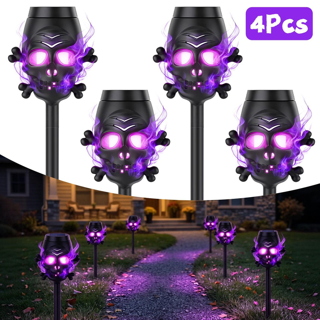 4 Packs Solar Skull Torch Lights Halloween Decorations Purple Flame Effect Solar Pathway Lights with 3D Skull Design IP44 Waterproof Stake Lights for Yard Lawn Walkway Patio Party