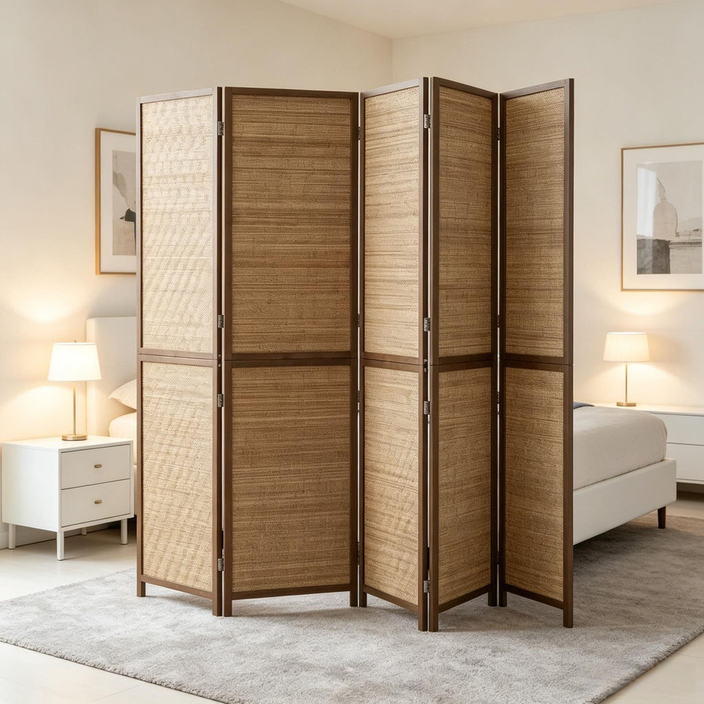 4 Panel Room Divider Privacy Screen 6 FT Tall Hand-Woven Bamboo Wall Partition Brown Folding Screen for Space Separation