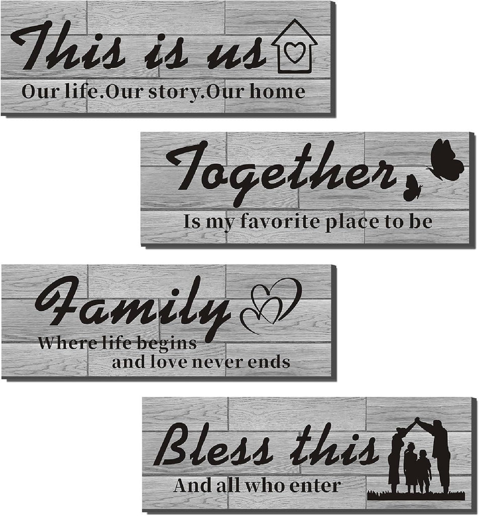 4 PCS Home Wall Decor Signs Rustic Wood Signs Farmhouse Entryway Signs for Bedroom Living Room Décor This is us/Together/Family/Bless this Rustic Wooden Wall Art Décor 13.8x 4.7Inch (Light gray)
