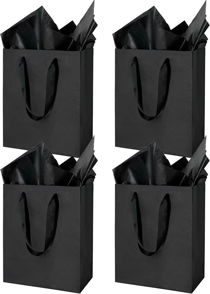 4 Pcs Medium Black Gift Bags: 8x5x10 Inches Gift bags With Handles Party Favor Bags With 8 Tissue Paper For Party,Birthday,Baby Shower,Wedding