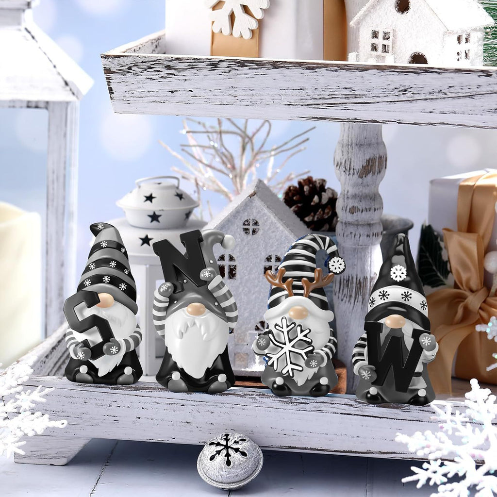 4 Pcs Resin Winter Snow Gnome Figurines Decoration Snowflake Antlers Gnome Sculpture Decoration,Blue White Tiered Tray Centerpiece for Mantel Shelf Tabletop Kitchen