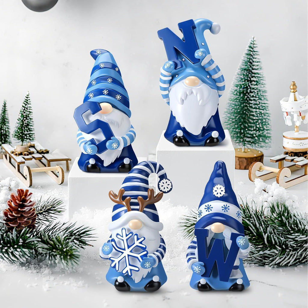 4 Pcs Resin Winter Snow Gnome Figurines Decoration Snowflake Antlers Gnome Sculpture Decoration,Blue White Tiered Tray Centerpiece for Mantel Shelf Tabletop Kitchen