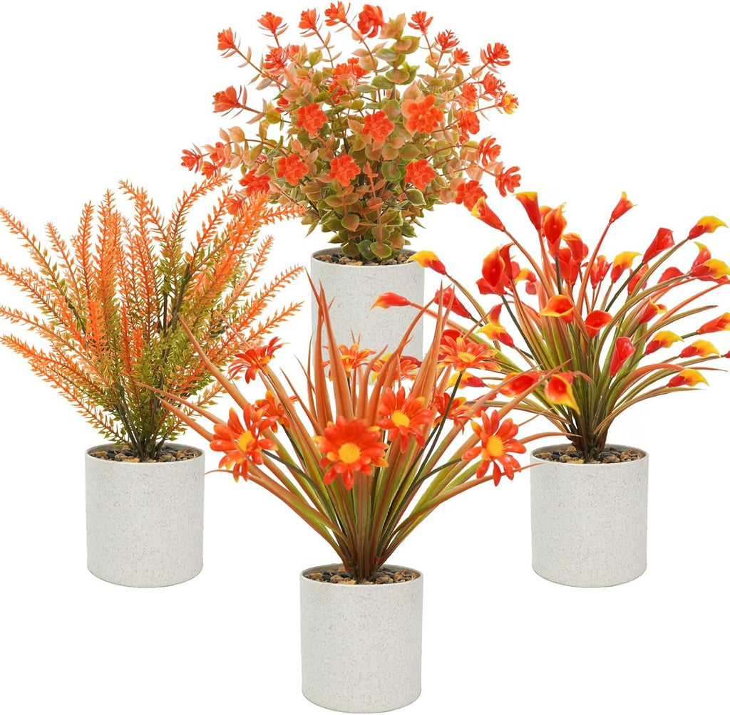 4 Pcs Small Potted Artificial Plants 10inch Fake Fall Plants in Pots Faux Fall Flowers with Pots for Indoor Home Bathroom Bedroom Office Shelf Tabletop Fall Decor