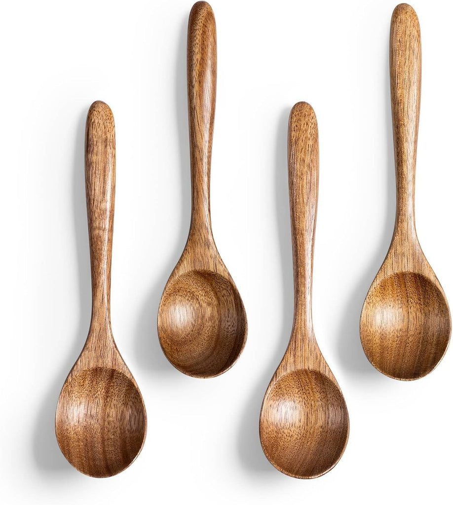 4 PCS Wooden Spoons for Honey, 6.7 inch Small Wooden Spoons - Terrific for Tea, Coffee & Soup, Little Acacia Wood Serving Table Spoon Set, Bulk Bamboo Teaspoon for Eating with Unique Design