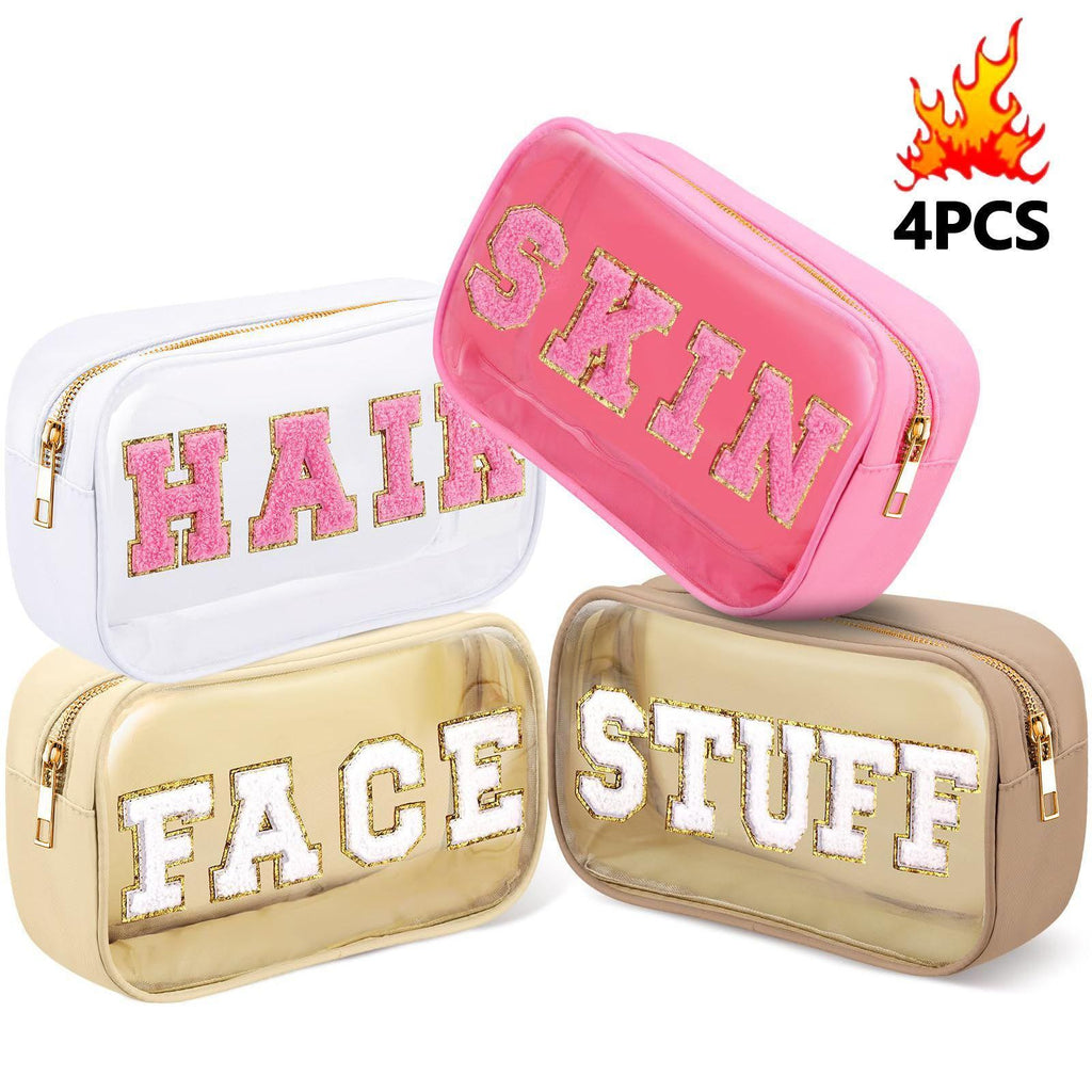 4-Piece Plush Letter Compartmentalized Makeup Bag Set, Clear PVC Toiletry Storage Pouches, Portable Travel Organizer Wash Bags