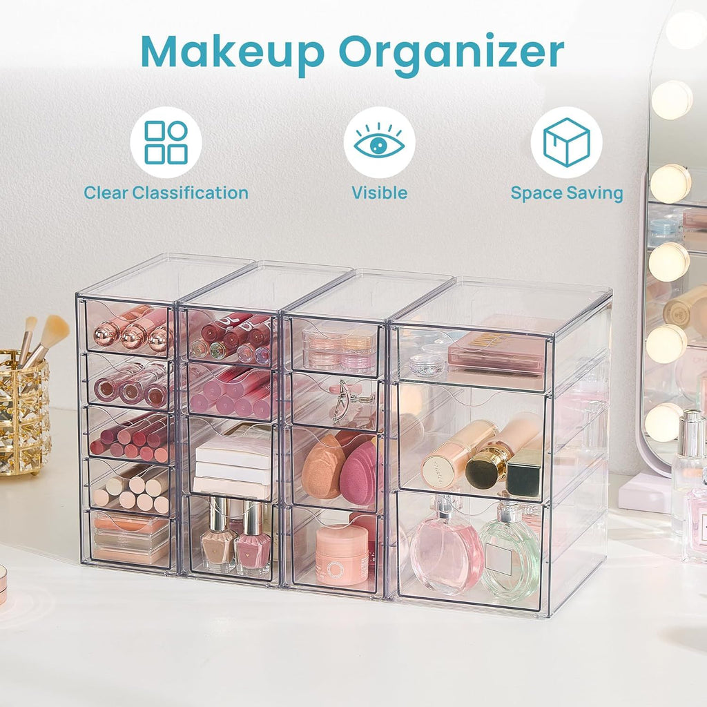 4 Set Clear Desk Organizer, Pen Organizer with 16 Drawers, Acrylic Desktop Organization and Storage for Office Supplies, Pen, Makeup, Art Craft, Jewelry