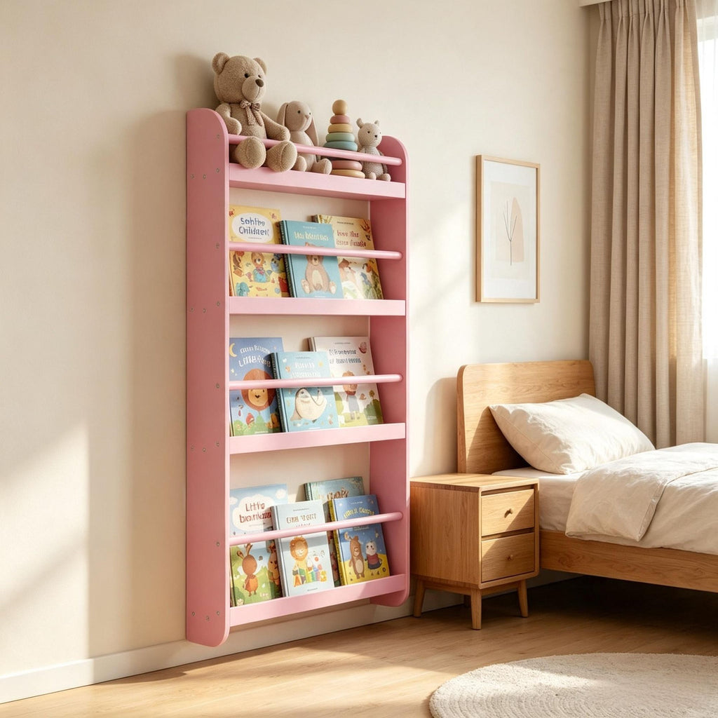 4-Tier Bookshelf Organizer  Crossbar for Toys And Books Home Decor Wall-Mounted
