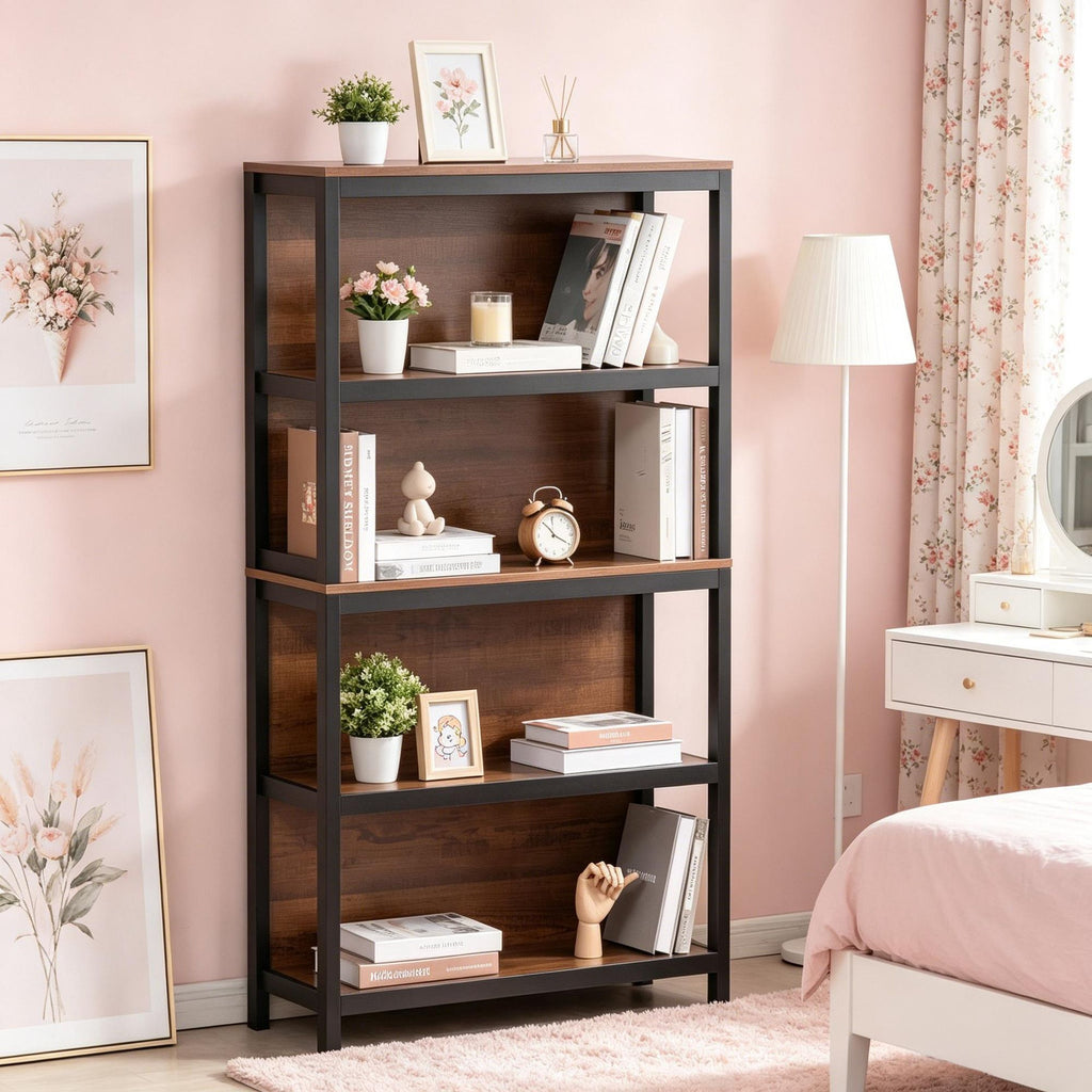 4 Tier Bookshelf Utility Organizer Walnut/Black Shelves for Storage with Back Support And Anti-Topple Design