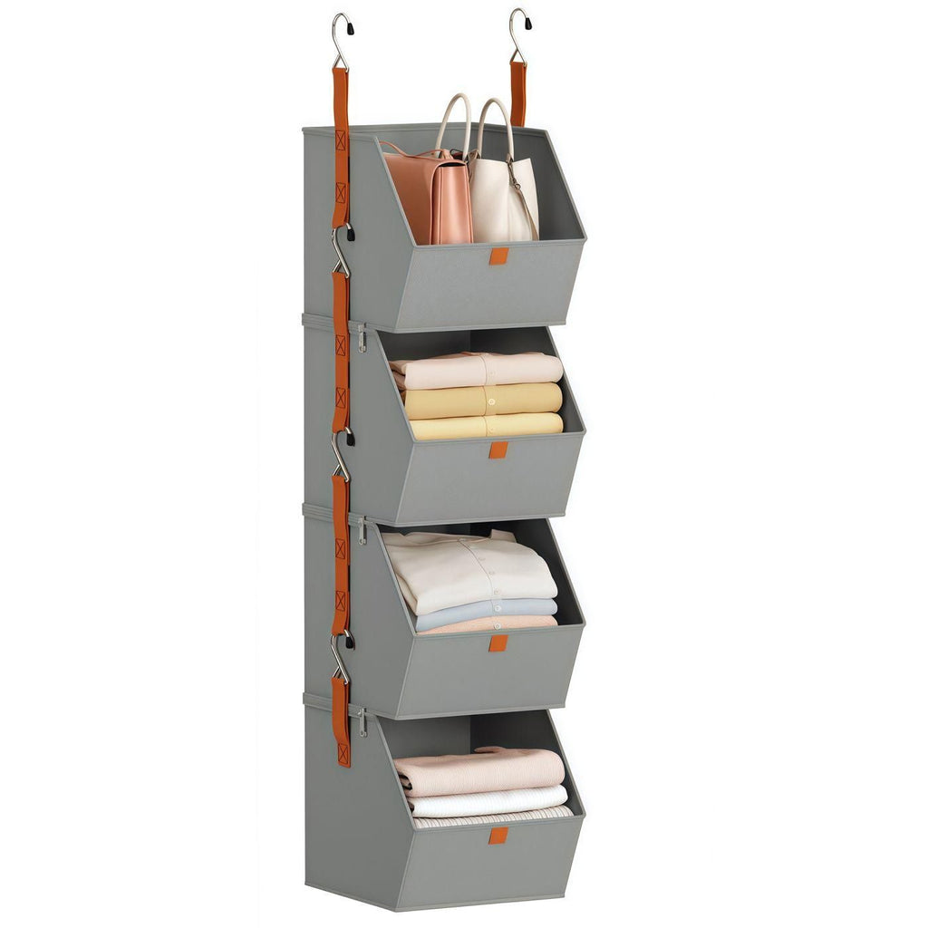 4-Tier Hanging Closet Organizer, Slanted Open Storage Bins for Clothes Bags Accessories