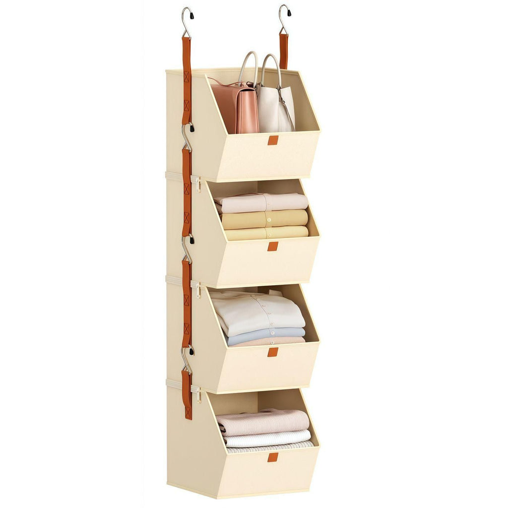4-Tier Hanging Closet Organizer, Slanted Open Storage Bins for Clothes Bags Accessories