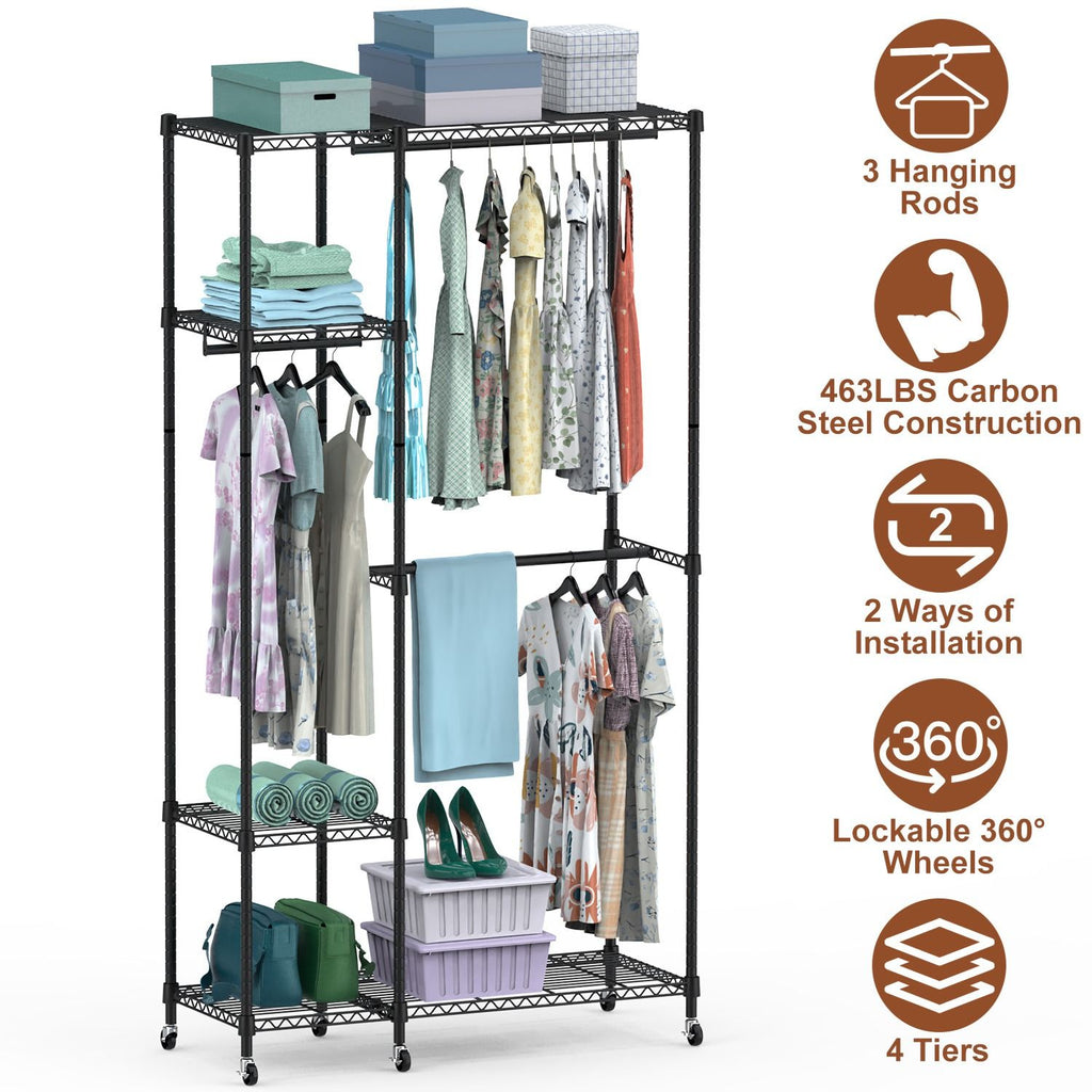 4 Tier Heavy Duty Garment Rack with Wheels Carbon Steel Clothing Rack Portable Wardrobe Clothes Rack with 3 Hanging Rods 6 Footrests 44.9x17.13x77.95in