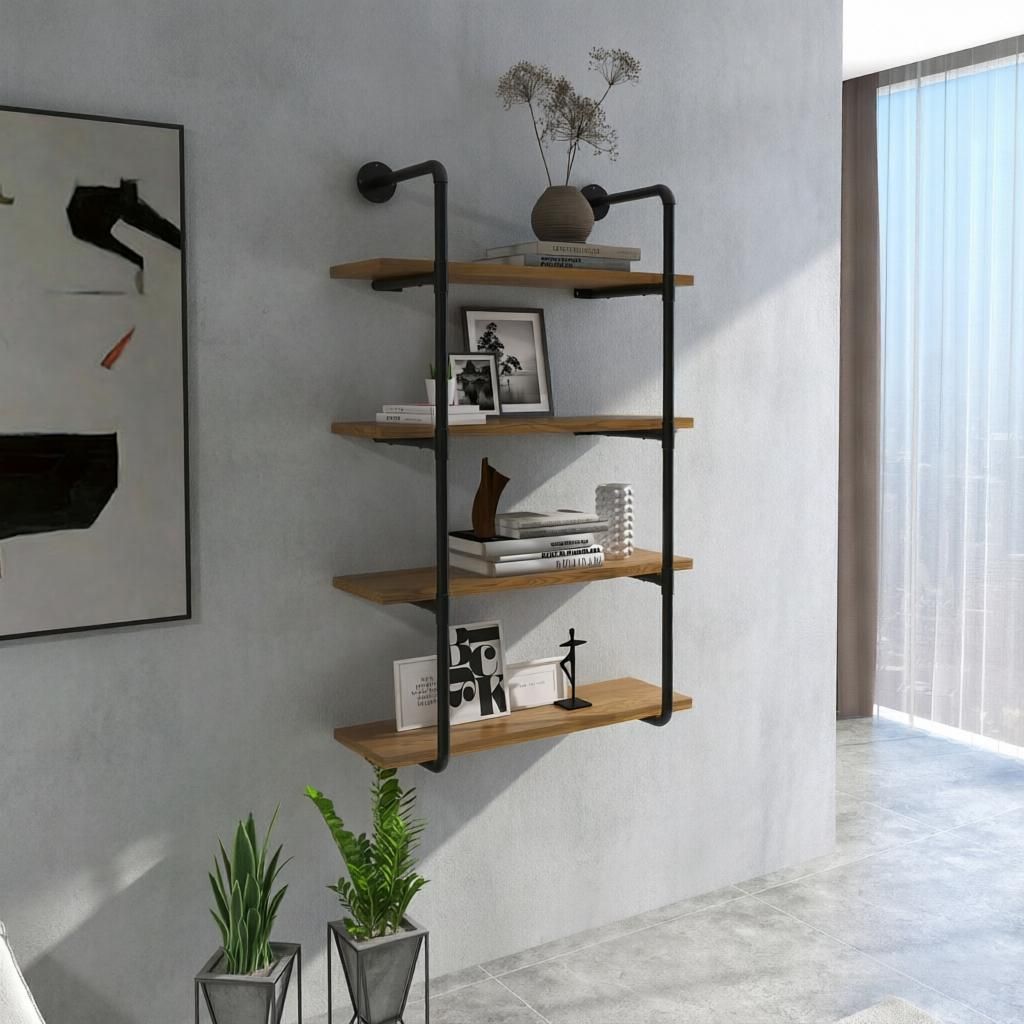 4-Tier Industrial Pipe Floating Shelves Wall Mounted Rustic Brown Metal Frame Display Rack 1' Thickness for Farmhouse Kitchen Bar