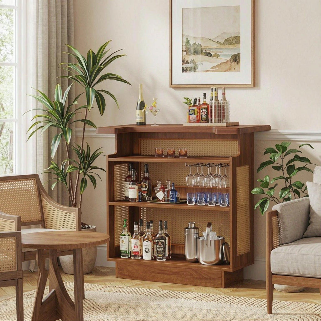 4-Tier Rattan Home Bar Unit Liquor Wine Cabinet with Stemware Racks for Home Bar Storage And Organization