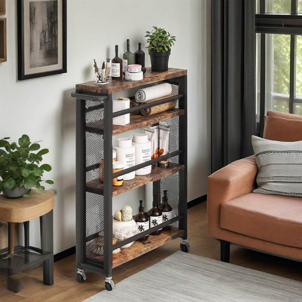 4-Tier Slim Rolling Storage Cart with Handle, Narrow Utility Trolley carts with Wheels