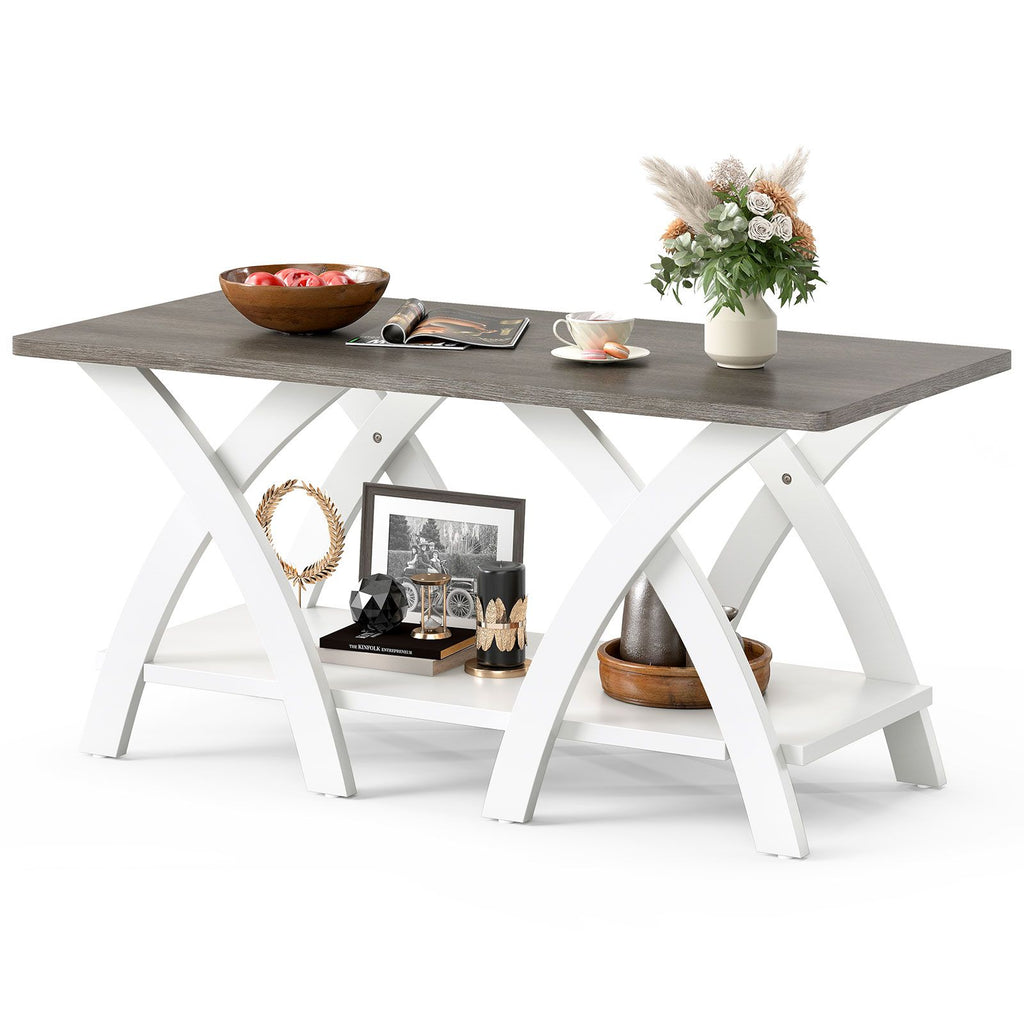 40 Inch Farmhouse Wooden Coffee Table with Storage Shelf with X-shaped Legs