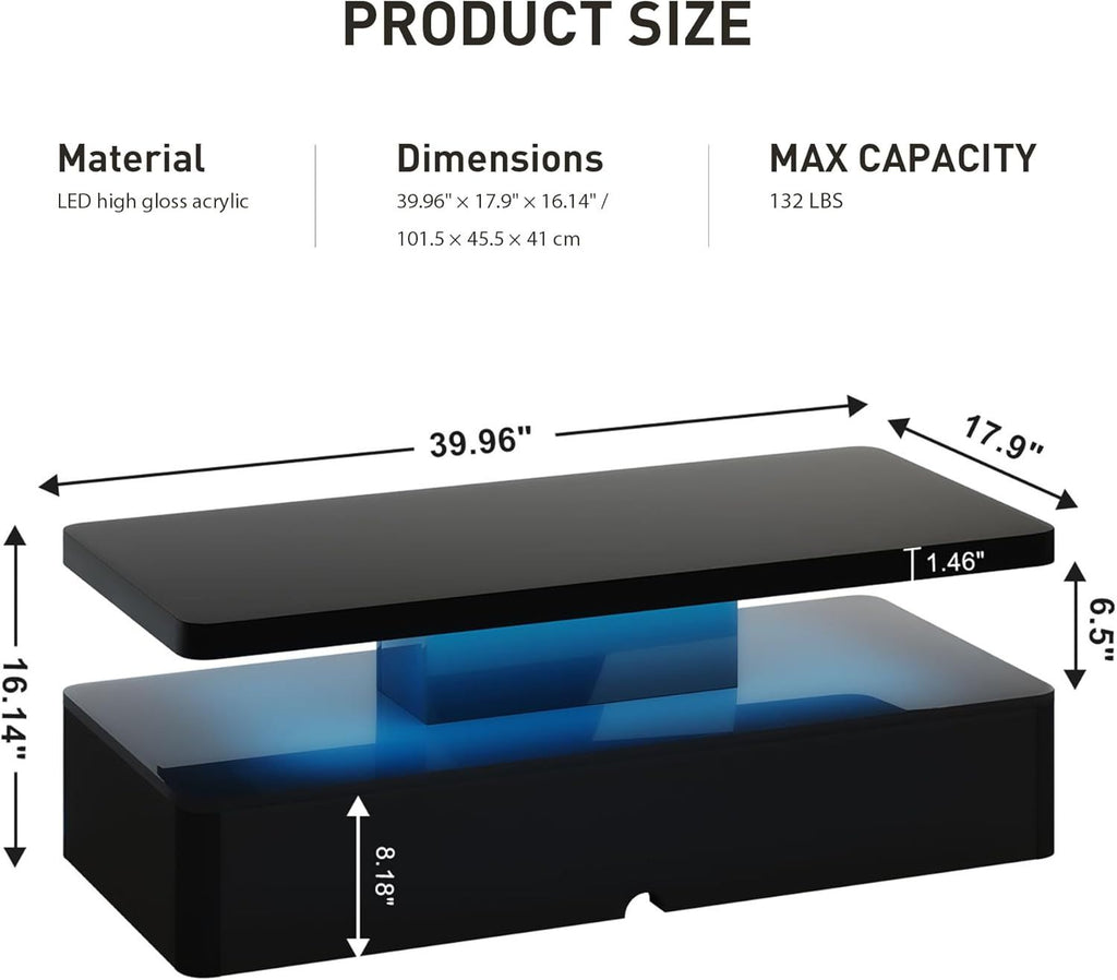 40" Modern Coffee Table with 16 Colors LED Lights, 2 Tier Rectangular Center Table with Large Storage Space, Stylish High Glossy Wooden Tea Tables for Living Room, Bedroom, Home Office, Black