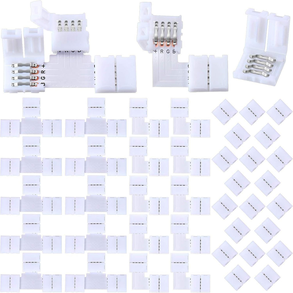 40 Pieces 4 Pin LED Light Strip Connectors Kit for 5050 10mm RGB LED Strip Light, L-Shaped T-Shaped Solderless Gapless Adapter Connectors, Easy for DIY Lighting Projects(White)