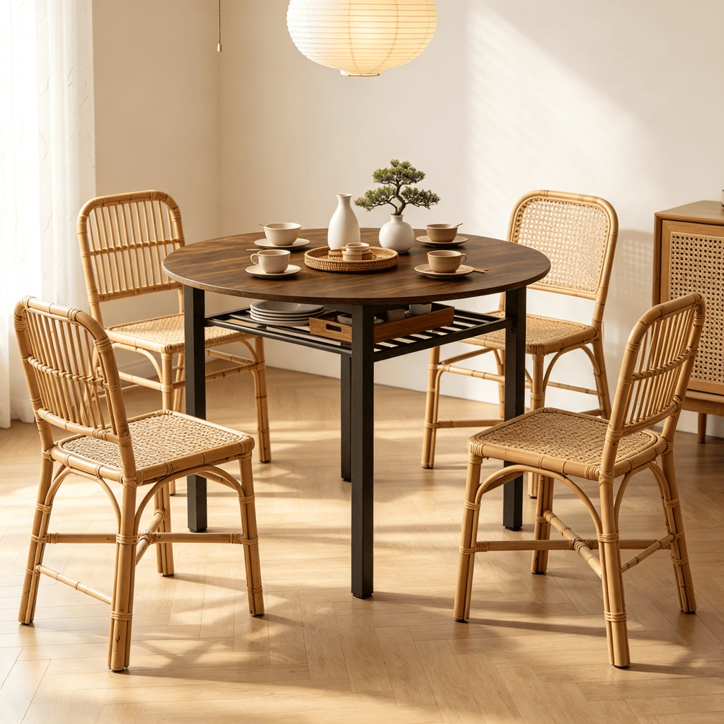 40' round Kitchen Table for 4 People with Storage Shelf Metal Frame Dining Table Wood Top And Metal Base