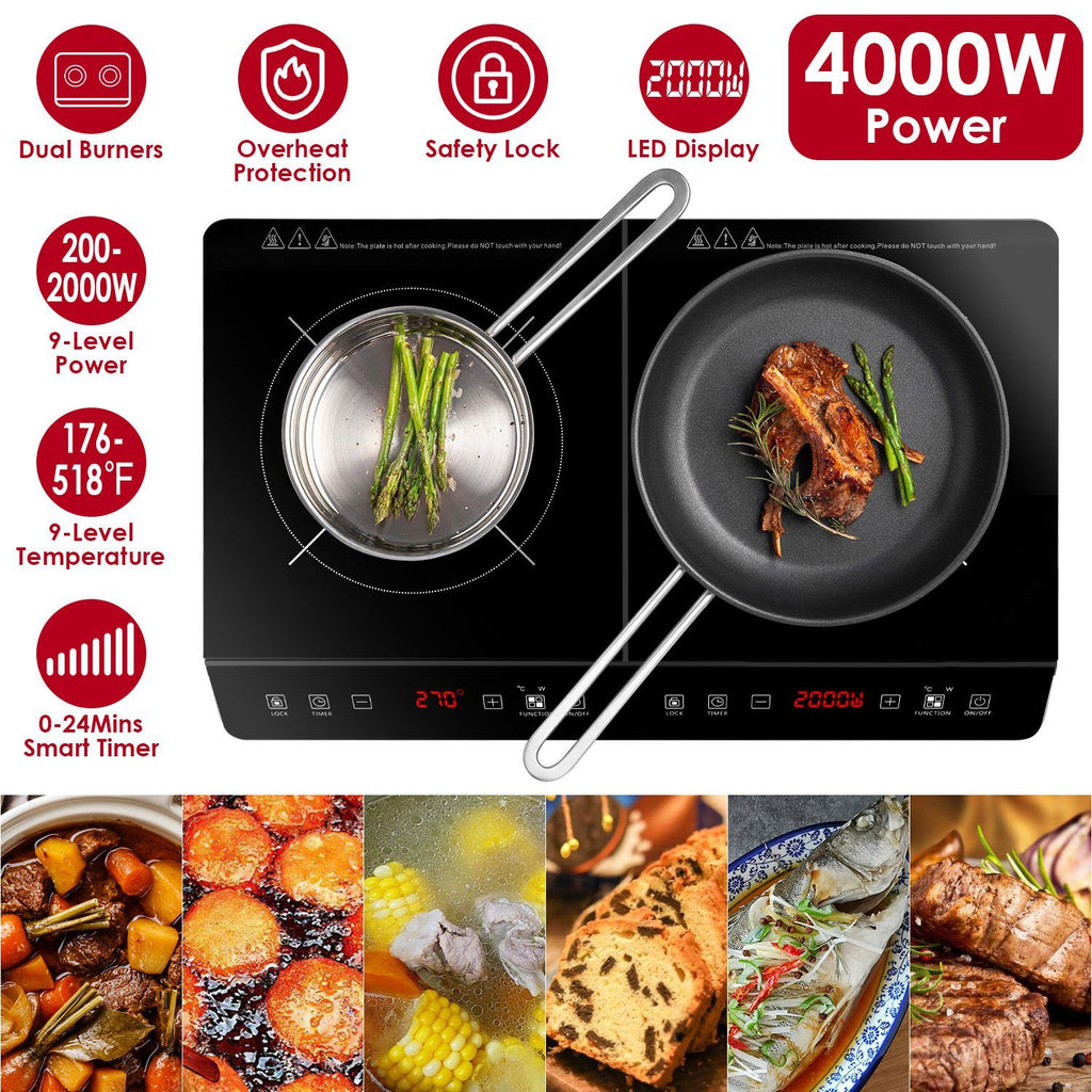 4000W Induction Cooktop Portable Double Induction Cooker Electric Dual Burner Stove Countertop Hot Plate with 9 Power 9 Temperature 0-3H Timer GPCT5396