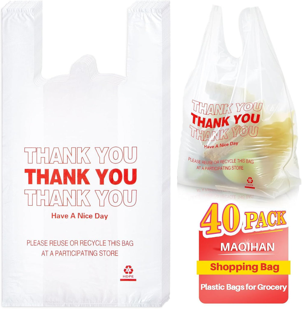 - 40Count Thank You T-shirt Bags for Grocery Store 11" X 21" Plastic Shopping Bag With Handles Ideal for Supermarket, Home Storage, Kitchen, Office, Large Capacity Reusable