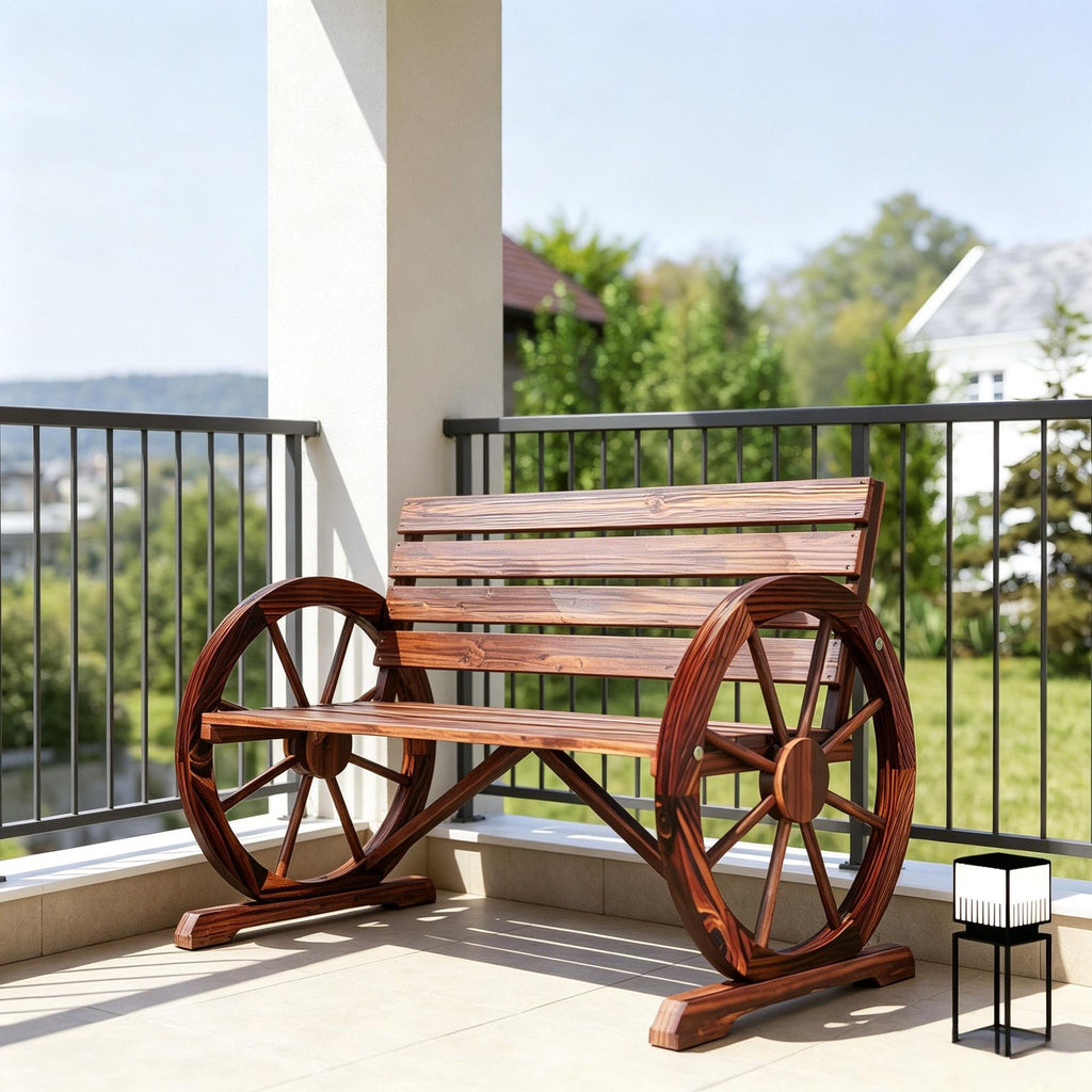 41" Carbonized Wooden Wagon Wheel Bench Rustic Outdoor Patio Weather-Resistant 2-Person Slatted Seat with Backrest
