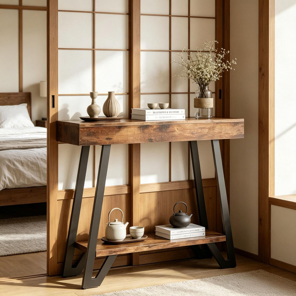 41 Inch Industrial Console Table Geometric Metal Frame 2-Tier Rustic Entryway Sofa Table for Living Room Decor