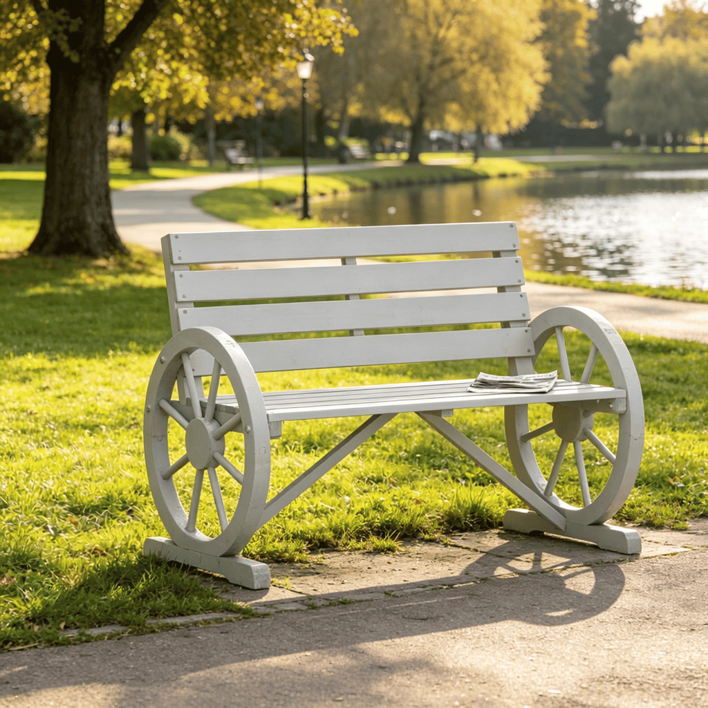41 Inch Wooden Wagon Wheel Bench Rustic Outdoor Patio Furniture Weather Resistant 2 Person Slatted Seat with Backrest Light Gray