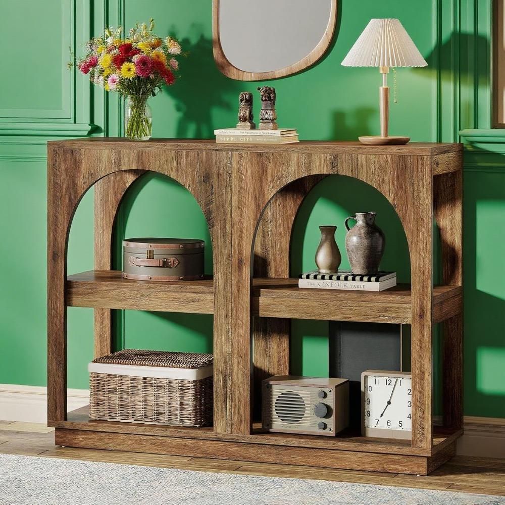 41.3" Narrow Wooden Console Table with Open Shelf Storage, Arched Mid-Century Modern Sofa Entryway Table