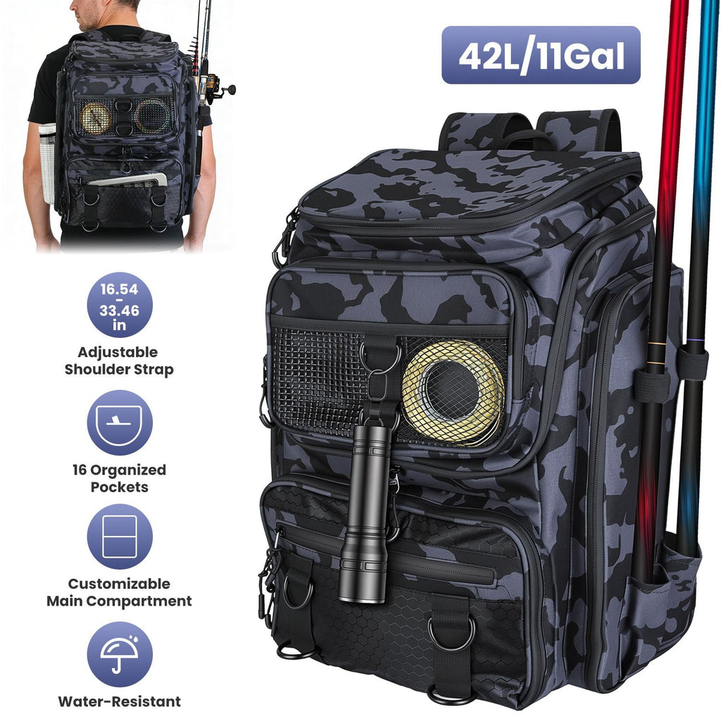 42L/11Gal Fishing Backpack Large Capacity Fishing Tackle Storage Bag with Rod Holders 16-Pocket Water-Resistant with Divider Adjustable Padded Straps for Fishing Gear Outdoor Camping Hiking