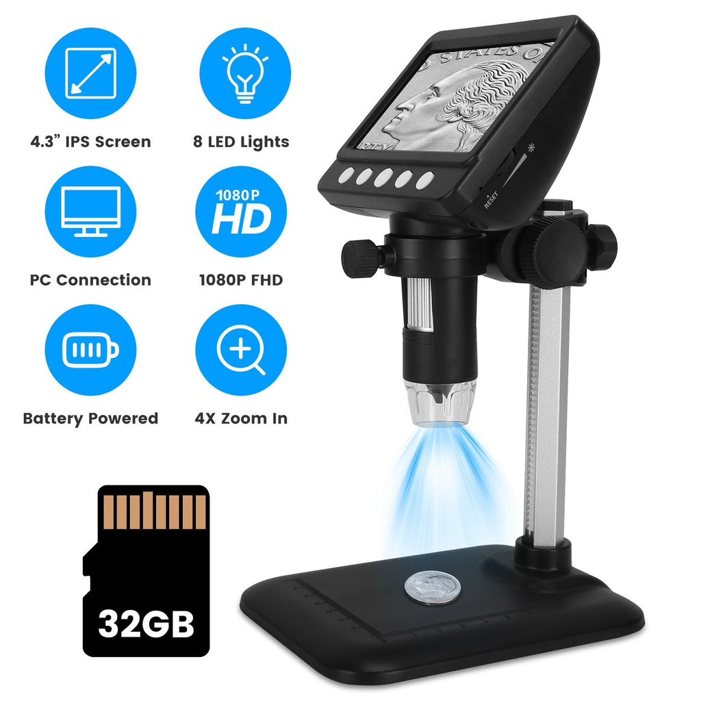 4.3Inch LCD Digital Microscope 1000X 1080P Photo Video Error Coin Magnifier with 8 Dimmable LED Lights PC Views Compatible with MacOS Windows Included 32GB Card