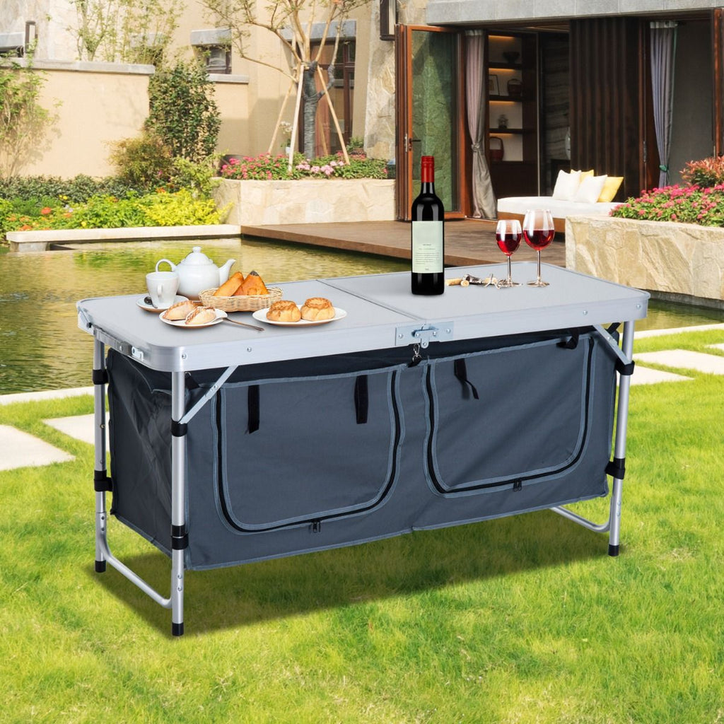 47" Aluminum Portable Camping Table, Folding Picnic Table with Handle & Storage, Silver